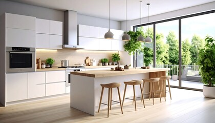 Modern kitchen with island, and green view.