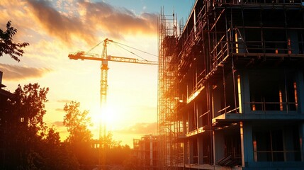 Construction site at sunset, cranes and building under construction