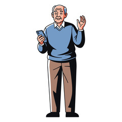 Senior Man Waving and Holding Smartphone Cartoon Illustration, Vector Illustration of Elderly Person