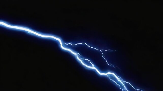 Electric blue lightning bolts flashing and branching dramatically across a pitch-black night sky. The lightning forks intensify, branch out in multiple directions, and create new strikes. 