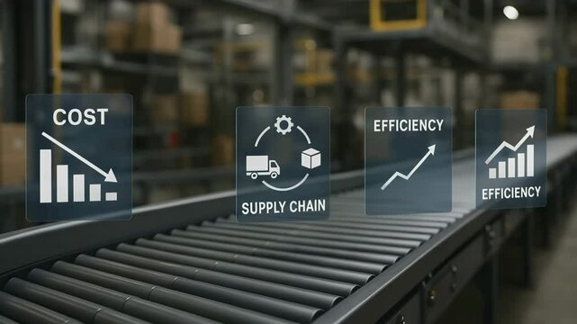 A conveyor belt is overlaid with icons for cost reduction, supply chain cycle and rising efficiency metrics. Concept of lean operations.
