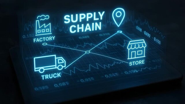 A tablet displays a supply chain flow diagram from factory to truck to store with data-wave background. Concept of end-to-end tracking.

