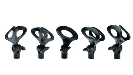 Collection set of black adjustable microphone mount for studio setting isolated over white...