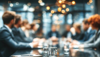 Business people engaged in round table discussion in conference room. Blurred image business partners meeting. Interior setting highlights modern business lifestyle, corporate convention. Focused on