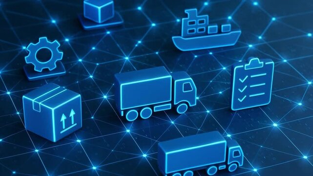 3D like icons for package, truck, ship and checklist float over a glowing network grid. Concept of connected transportation.