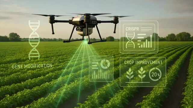 A drone hovers over a crop field projecting icons for gene modification, analytics and CRISPR crop improvement. Concept of precision agriculture.