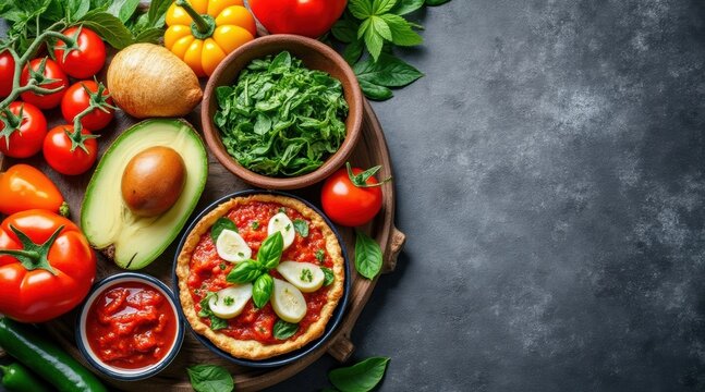 A vibrant display of fresh vegetables, avocado, herbs, and a small pizza topped with basil and garlic on a dark textured background.