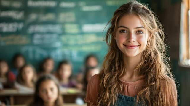 Confident teenage girl smiles in classroom, students blurred in background