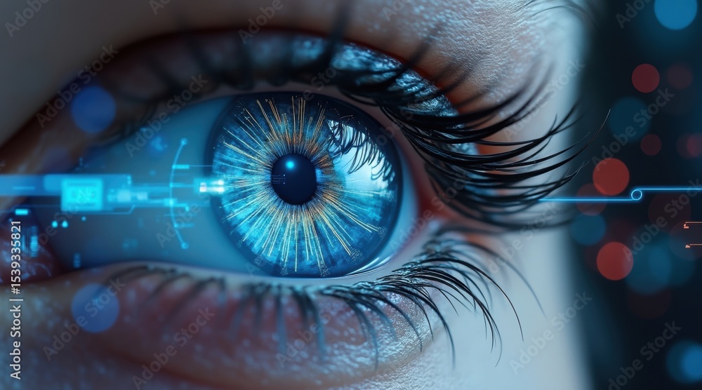 Poster close-up of a human eye with a digital, futuristic interface reflected in the iris, symbolizing tech