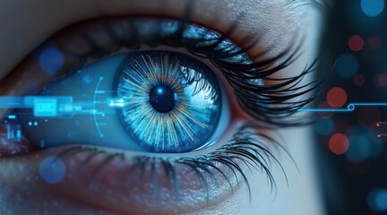 Fototapeta premium Close-up of a human eye with a digital, futuristic interface reflected in the iris, symbolizing technology and artificial intelligence.