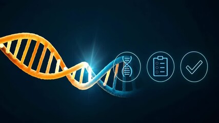 A glowing DNA helix flows into a series of process icons for genome, checklist and approval. Concept of genomic workflow. - Powered by Adobe