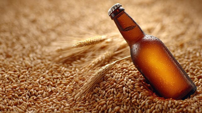 Brewing Tradition: A Glass Bottle of Beer on Grains