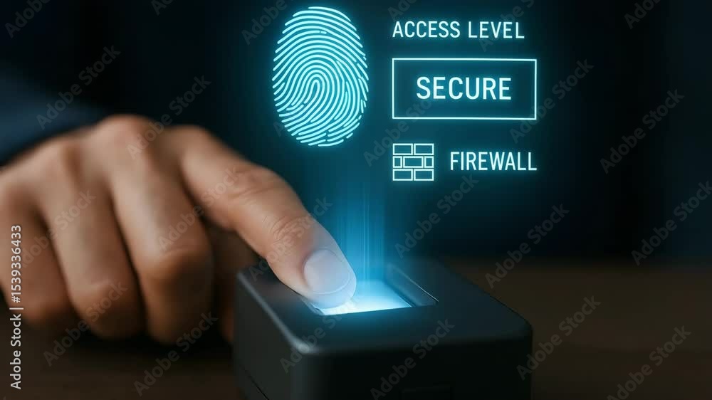 Poster a finger presses a biometric scanner under a glowing fingerprint icon with “access level secure” and