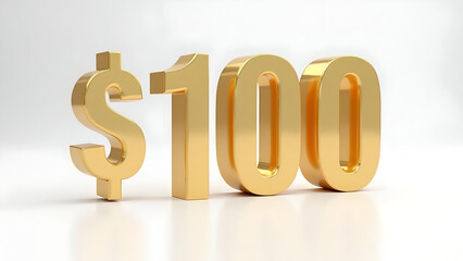 Golden one hundred units currency sign sitting on a white surface with reflections