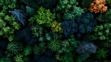 Dense forest canopy, various shades of green and dark greens, viewed from above. Lush, vibrant trees fill the image