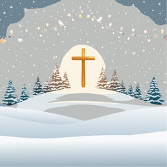 Stylized vector of a peaceful snowy landscape with a cross on a hill, Christmas lights glowing in the background