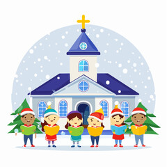 Fototapeta premium Flat vector of children singing Christmas carols in front of a church with a cross lit up on top, snow gently falling