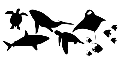 silhouette design of sea animals for design assets