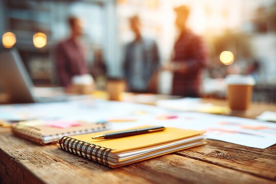 Account managers meeting. Photo young business crew working with new startup project.Notebook on wood table. Idea presentation, analyze marketing plans. Blurred background, film effect. High quality