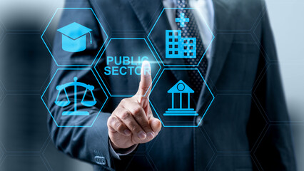Businessman touching public sector icon. Technology innovation on a virtual screen. Concept of public sector governance