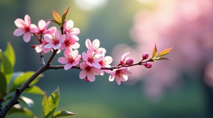 Obraz premium Delicate pink blossoms on a branch, bathed in soft sunlight, surrounded by a blurred background of springtime colors.