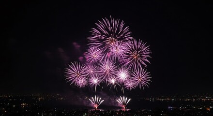 Fireworks display at night cityscape scene