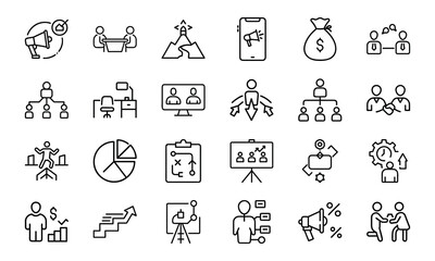 Business and marketing concept icons set representing strategy growth and teamwork dynamics