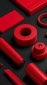 Precise arrangement of assorted red objects on dark surface with geometric shapes, cylinders, rings, rectangles, and rounded forms suggesting tools and machinery components