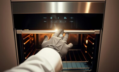 A gloved hand adorned with a wedding band gently pulls down the sleek glass door of a digital countertop oven revealing the warm inviting interior