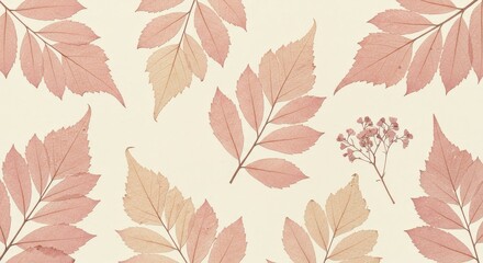 Fototapeta premium Pale pink leaves and small flowers arranged on a light background art