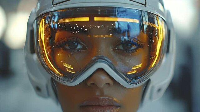 Close-up of a woman's intense gaze through a futuristic helmet with glowing amber visor