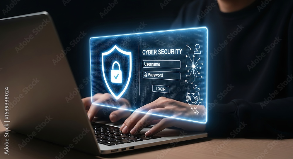 Poster cyber security login interface on laptop screen concept. hands typing on laptop with cybersecurity d