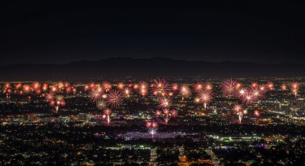 Naklejka premium Fireworks over city landscape nighttime celebration