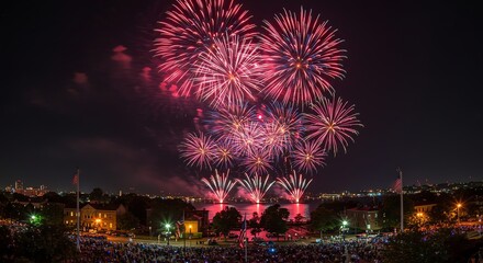 Naklejka premium Fireworks over city night celebration