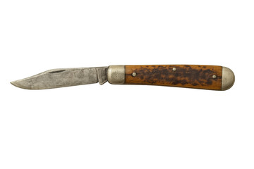 Open vintage pocket knife with worn wooden handle isolated on transparent background, showing signs of age and use