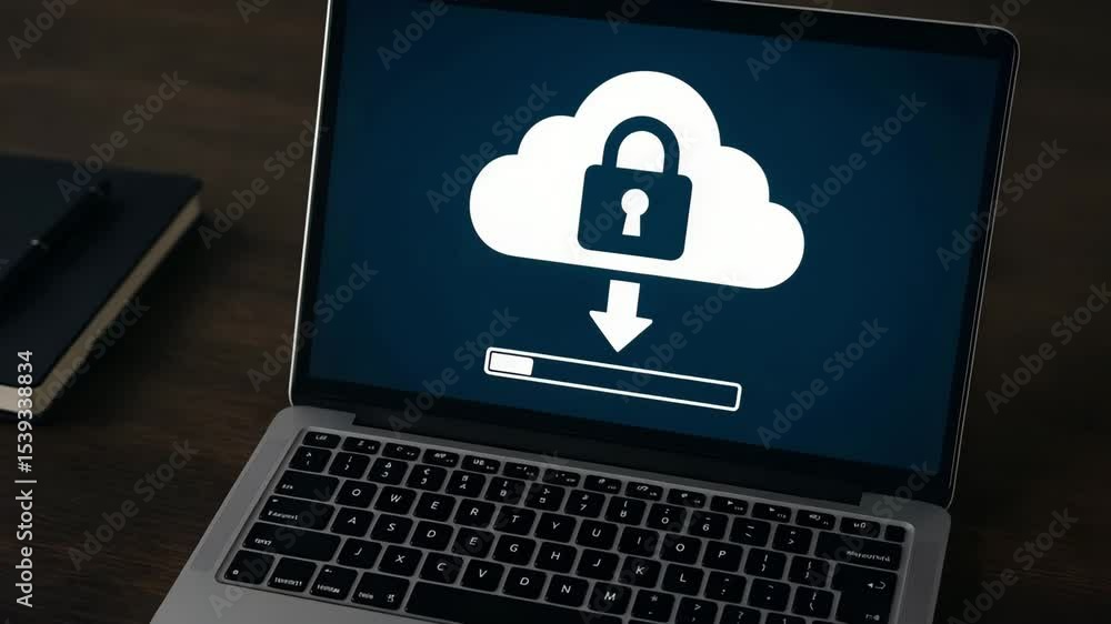 Poster a laptop screen displays a padlock-cloud icon above a progress bar indicating a secure download. con