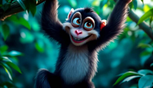 Adorable Cartoon Monkey Hanging on a Branch