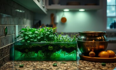 A vibrant emerald oasis thrived within a granite kitchen counter where fragrant herbs like basil and mint thrived in a water garden adding a touch of tranquility and culinary inspiration to the bustli