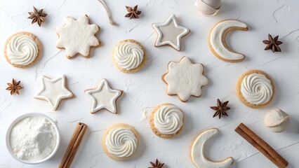 White icing sugar cookies with star and moon shapes