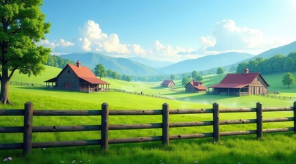Serene Rural Landscape Rolling Hills, Lush Meadows, and Rustic Barns under a Summer Sky
