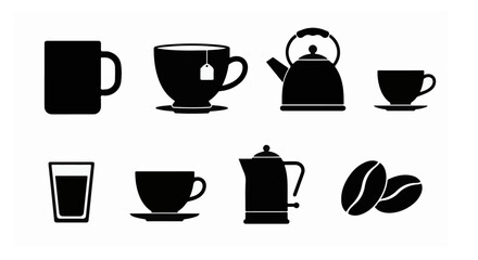Simple Black Coffee and Tea Icons Set Mug Cup Kettle Beans Beverage Drink Symbols