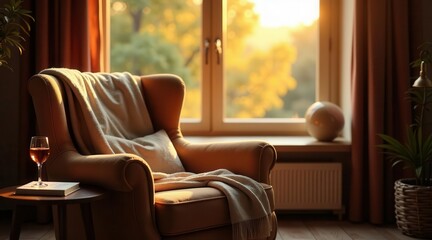 Fototapeta premium Relaxing Evening in a Cozy Armchair by the Window with a Glass of Wine