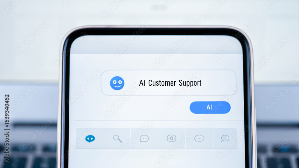 Poster ai customer support concept on smartphone screen with chat interface and search icon for assistance 