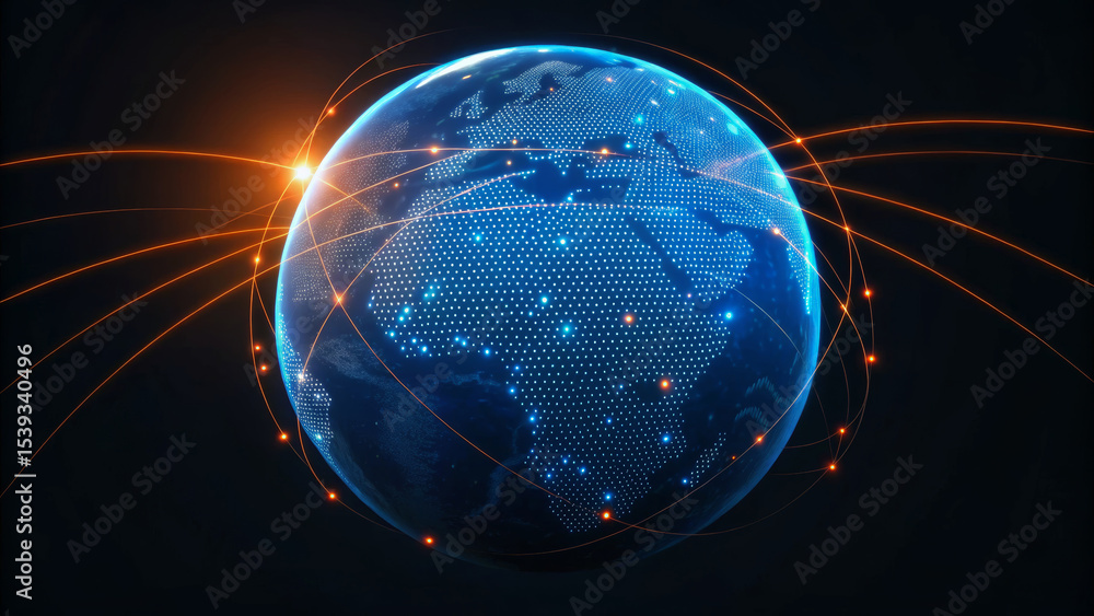 Poster ai support for financial institutions. global network connections with glowing data lines and earth 
