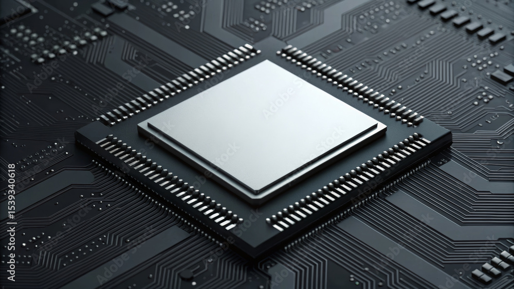 Poster ai support for financial institutions. high-tech microchip on a complex circuit board background. ai