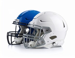 side view white and blue football helmet mockup on white background,