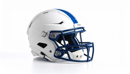 side view white and blue football helmet mockup on white background,