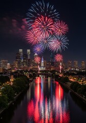 Philadelphia skyline with fireworks display at night