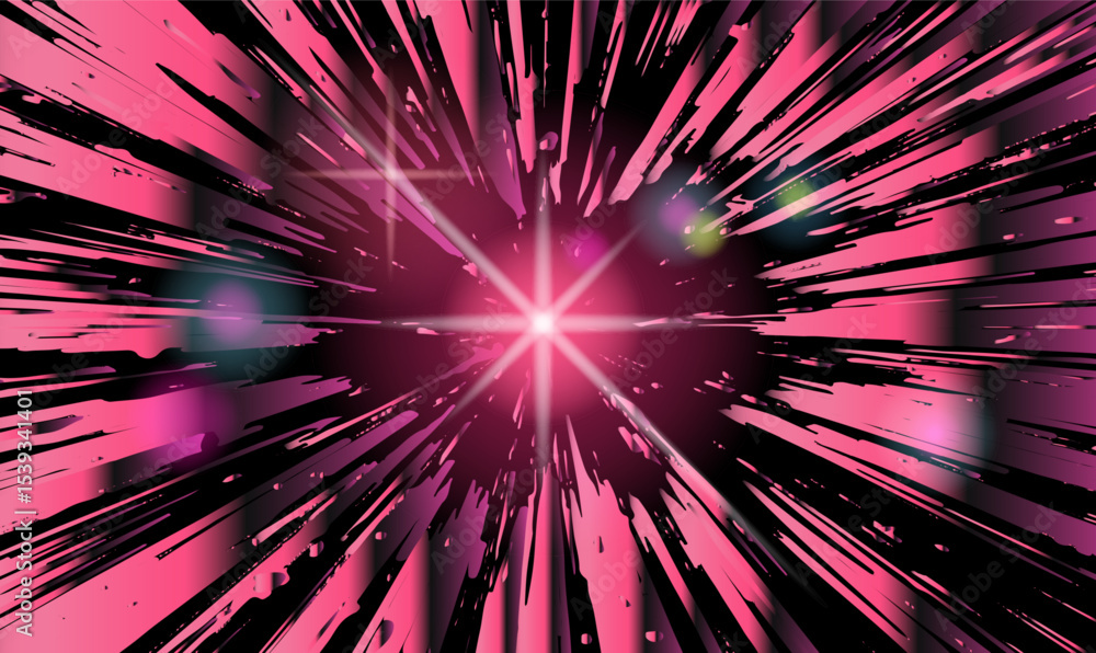 Poster retrofuturistic abstract illustration in vaporwave style: vibrant streaks of pink radiate from a glo