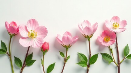Fototapeta premium Delicate Pink Blossoms Arranged on a White Background, a Floral Still Life Composition Featuring Several Pink Flowers and Buds, Displaying the Beauty and Elegance of Nature